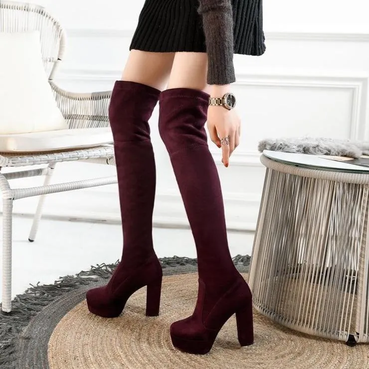 Women's suede stretch platform high heeled thigh high boots sexy tall boots for winter