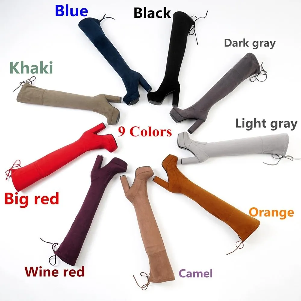 Women's suede stretch platform high heeled thigh high boots sexy tall boots for winter