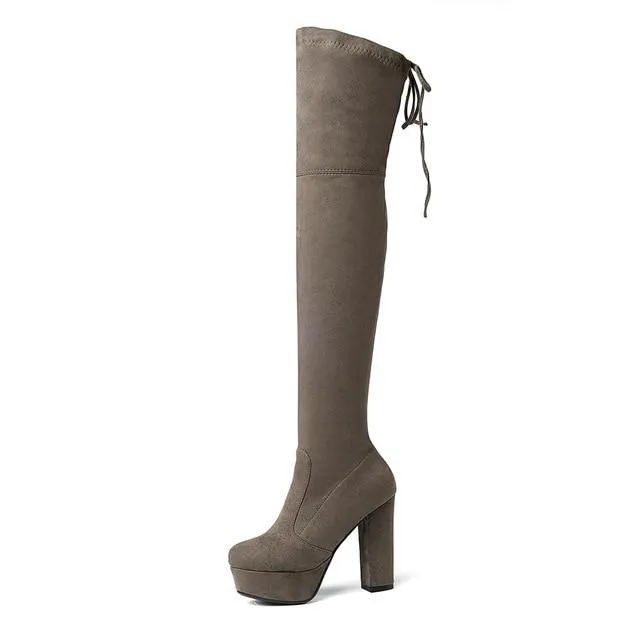 Women's suede stretch platform high heeled thigh high boots sexy tall boots for winter