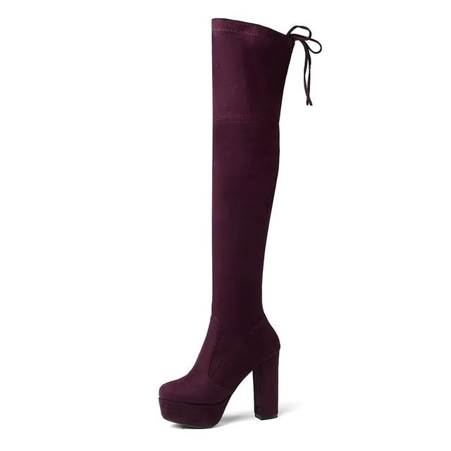 Women's suede stretch platform high heeled thigh high boots sexy tall boots for winter