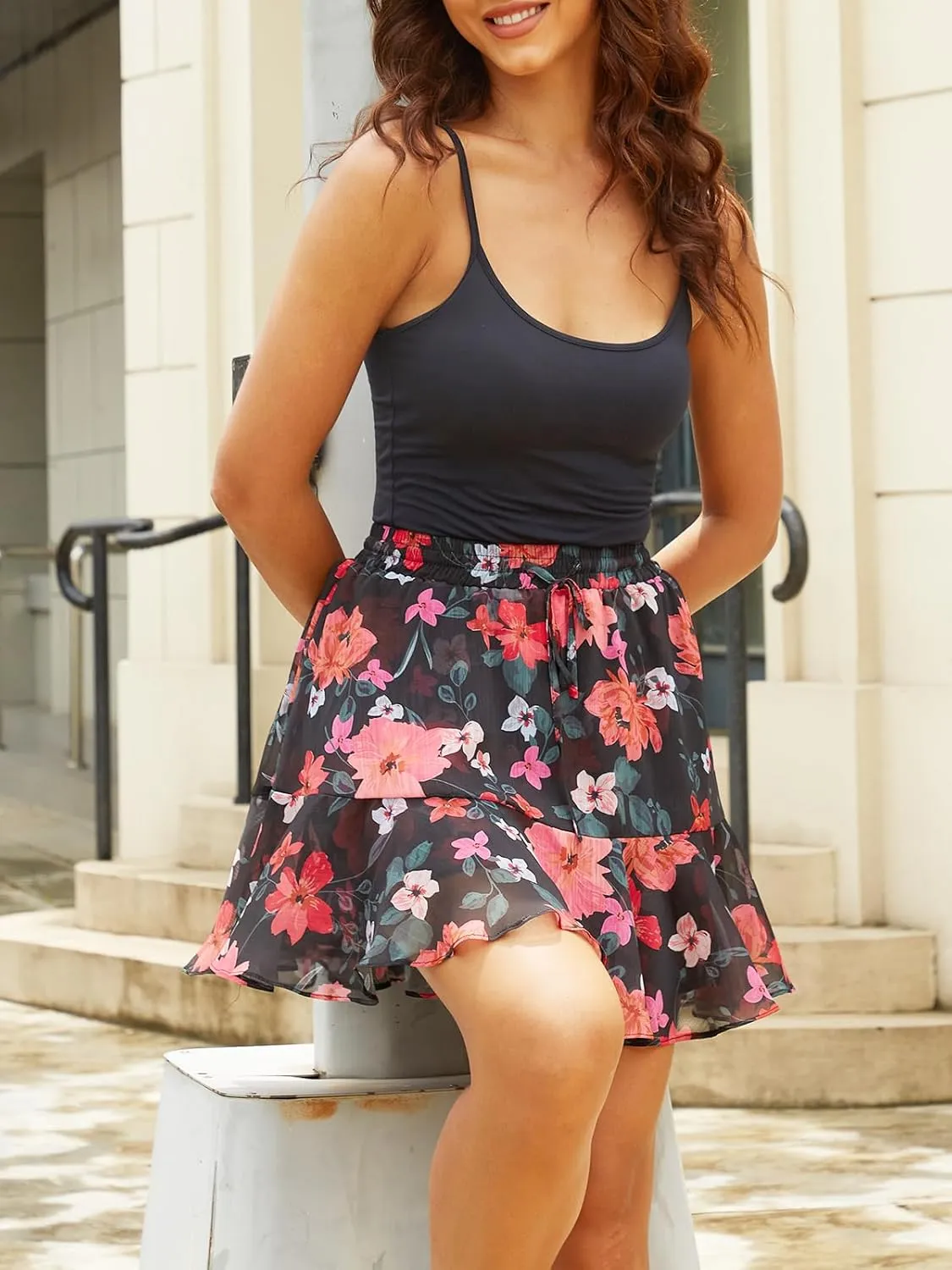 Womens Summer Flowy Shorts Casual Boho Floral Skorts Ruffle Mini Skirts Running Tennis Chiffon Butterfly Shorts