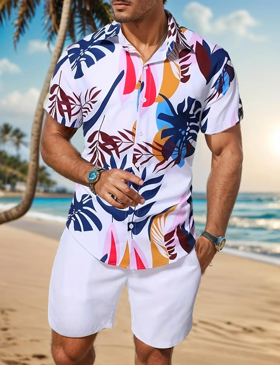 Yimoon Men's Summer 2 Piece Outfits Tropical Print Short Sleeve Button Down Hawaiian Beach Shirt and Shorts Set