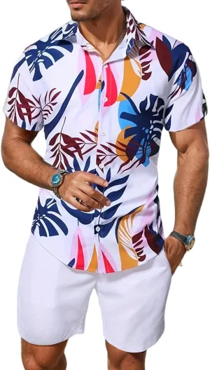 Yimoon Men's Summer 2 Piece Outfits Tropical Print Short Sleeve Button Down Hawaiian Beach Shirt and Shorts Set