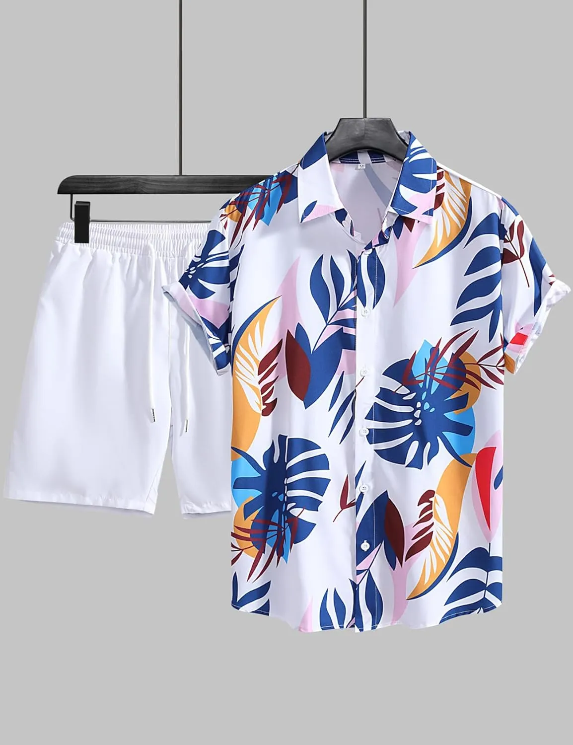 Yimoon Men's Summer 2 Piece Outfits Tropical Print Short Sleeve Button Down Hawaiian Beach Shirt and Shorts Set